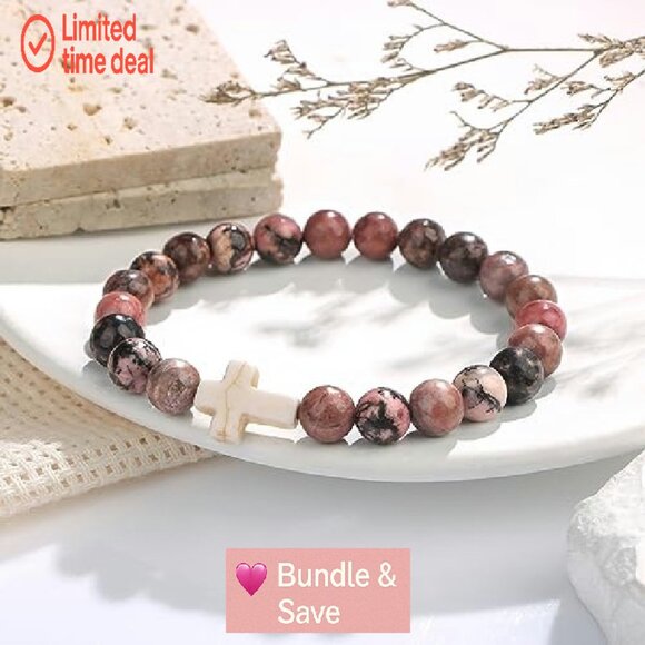 Stretch Stone Cross Bracelet Christian Jewelry Faith Gift Women - Picture 5 of 8